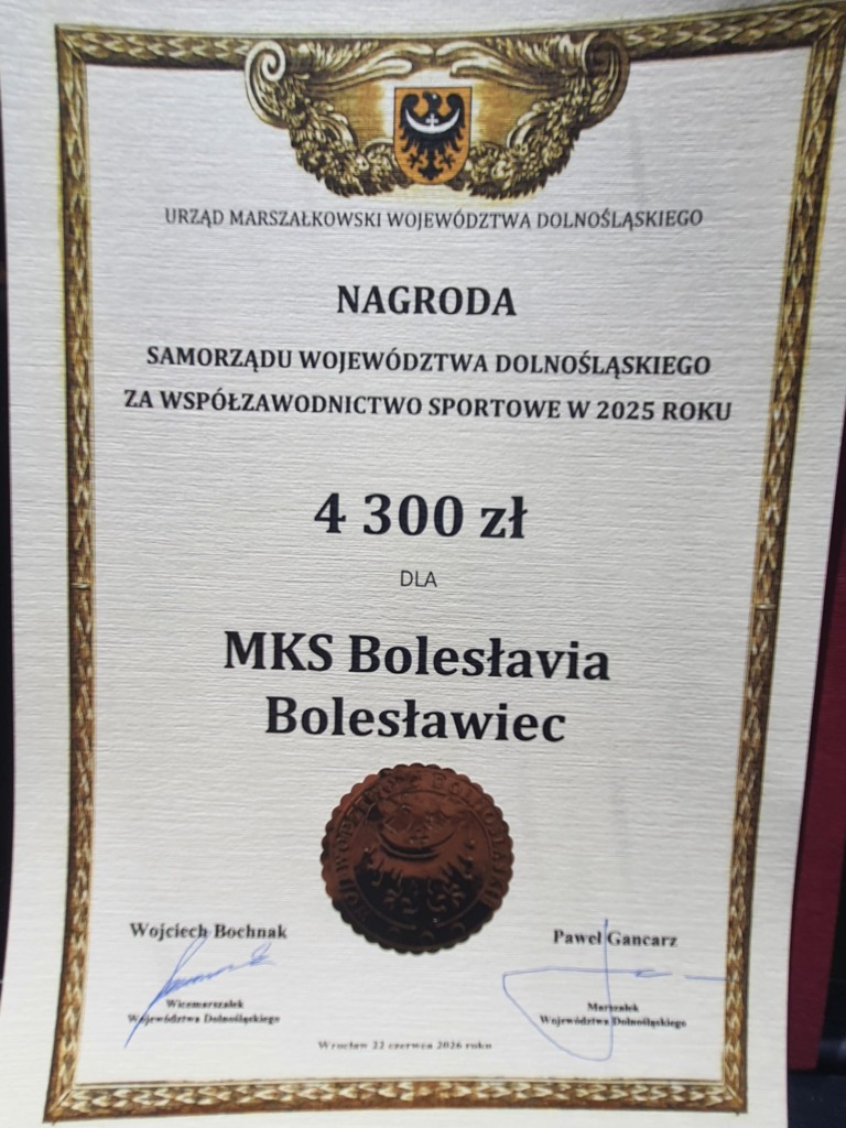 Dyplom nagrody Samorządu Województwa Dolnośląskiego dla MKS Bolesłavia Bolesławiec