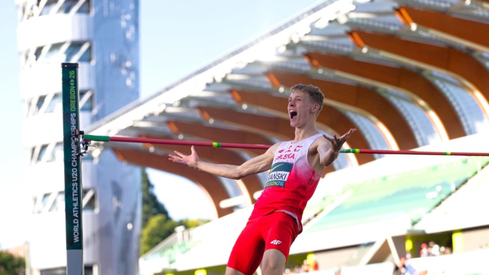 Dawid Barański podczas finału skoku wzwyż Mistrzostw Świata U20 w Eugene